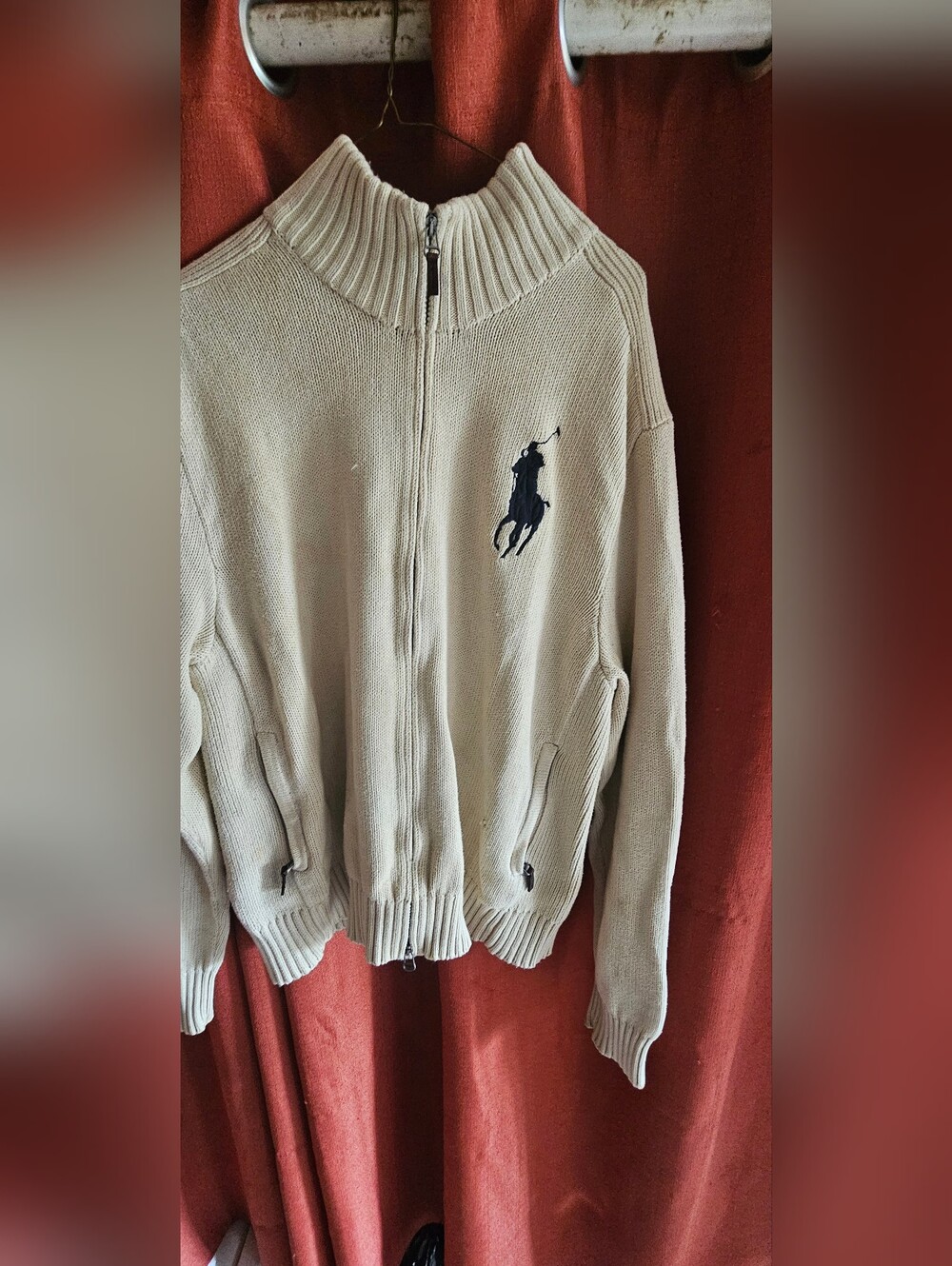 Polo Ralph Lauren Beige Full-Zip Knit Sweater with Navy Logo